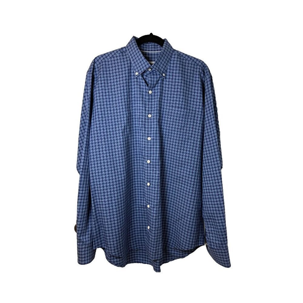 Peter Millar Men's LS Button Blue Check Button Down Cotton/Silk Blend Size Large